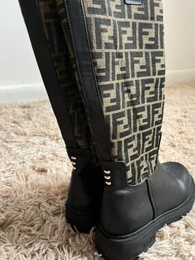 FF Monogram Tall Canvas & Leather Boots - Black & Beige